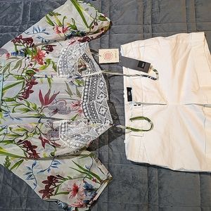 Sheer floral cover up and white short shorts